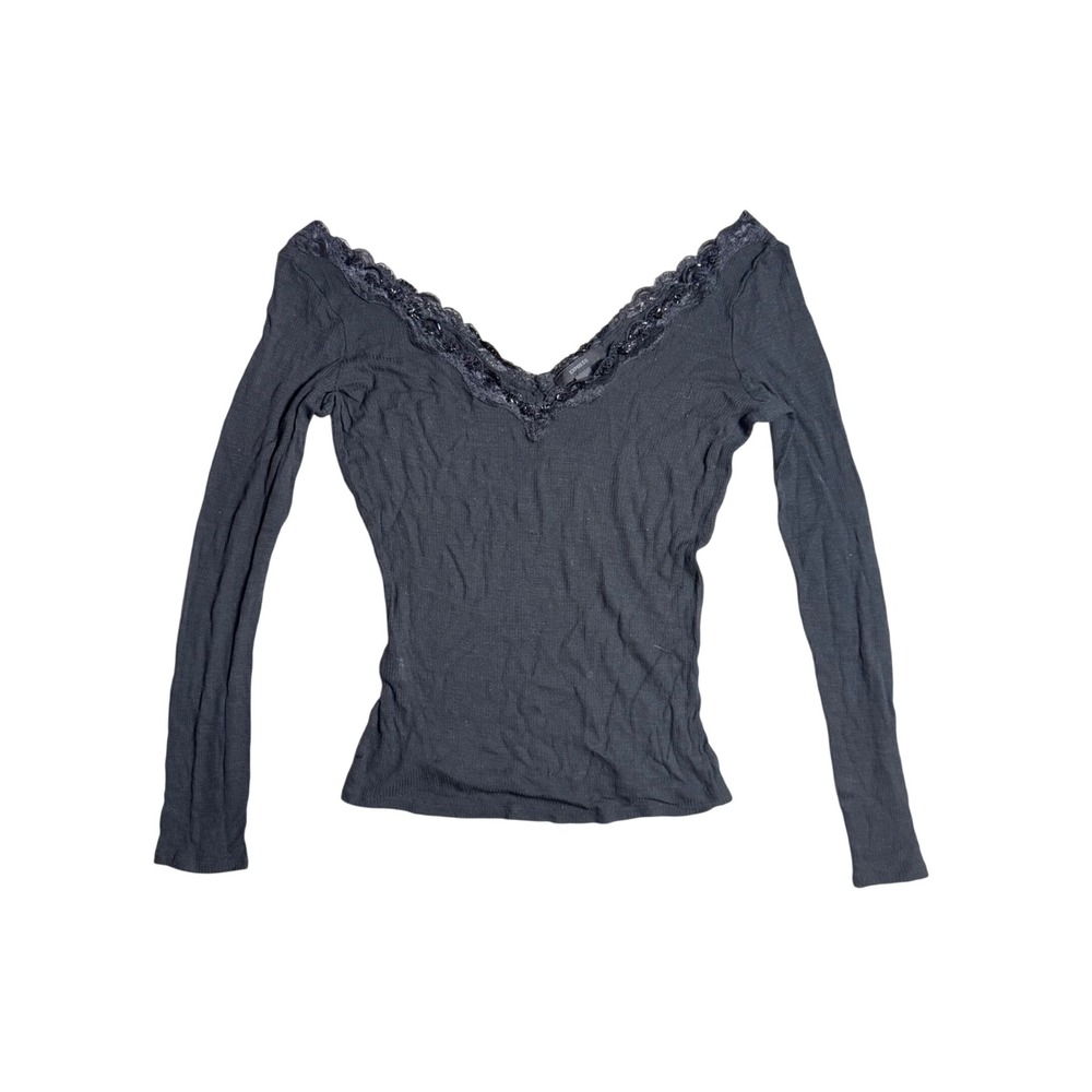 Express Black Ribbed Lace Sequin V-Neck Long Sleeve Top